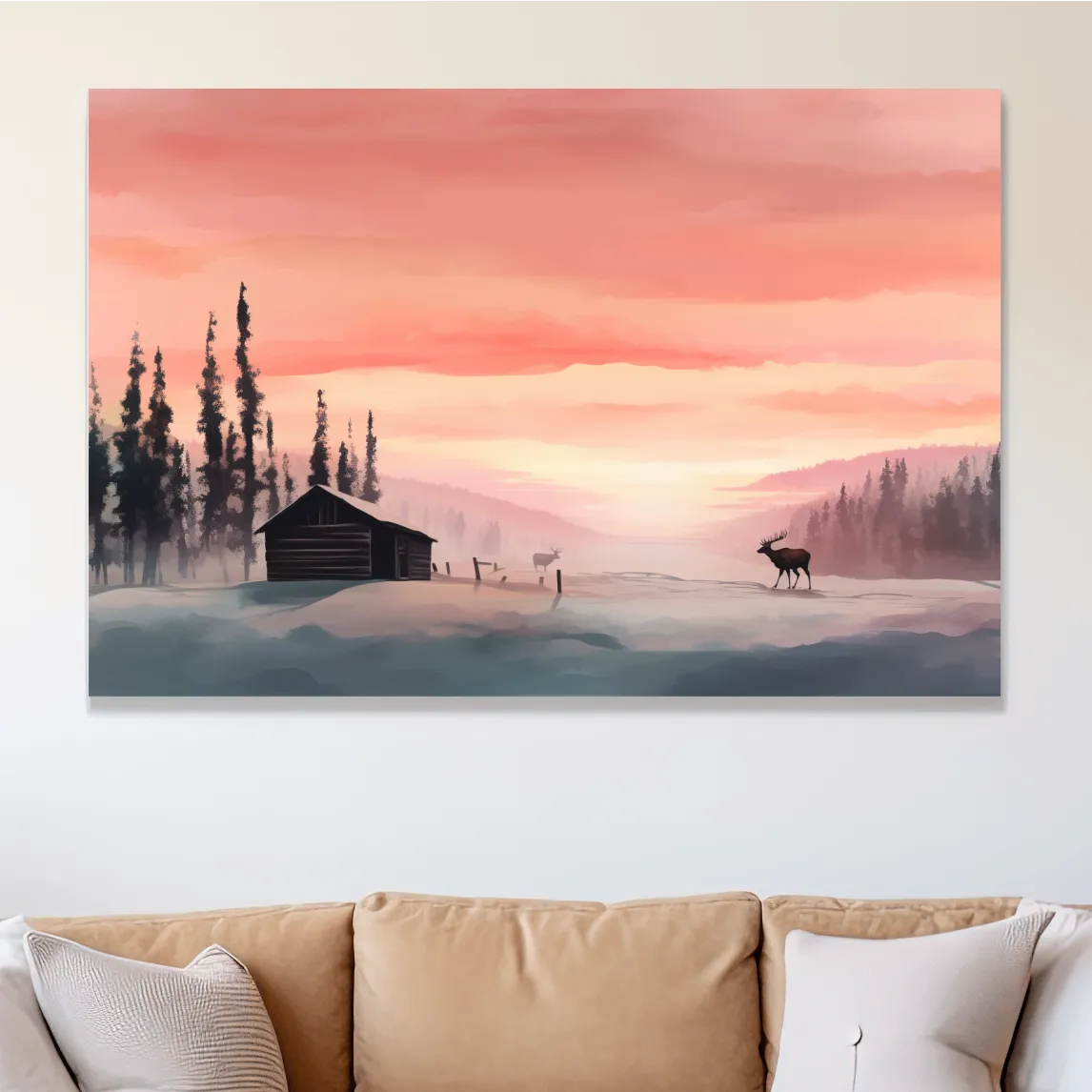 Sunset mountain scene, deer in the snow