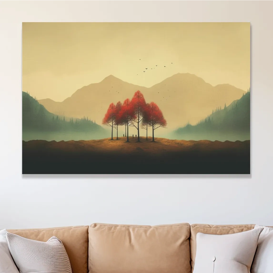 Landscape mountain artwork, minimal painting of autumn trees in the fog