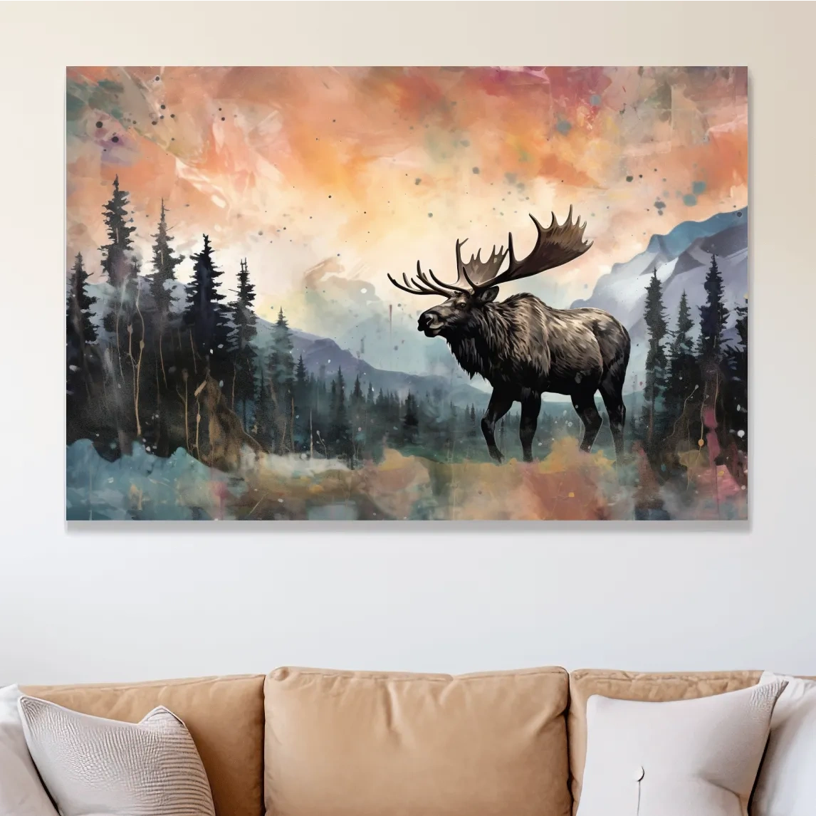 Abstract splattered painting of a moose in mountain scenery