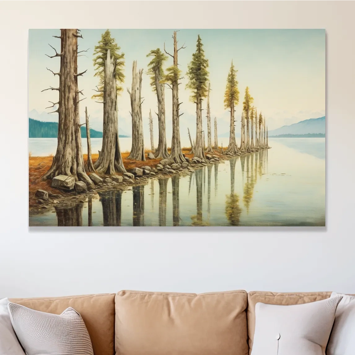 Serene Lakeside Pine Forest Reflections - Watercolor Landscape Wall Art