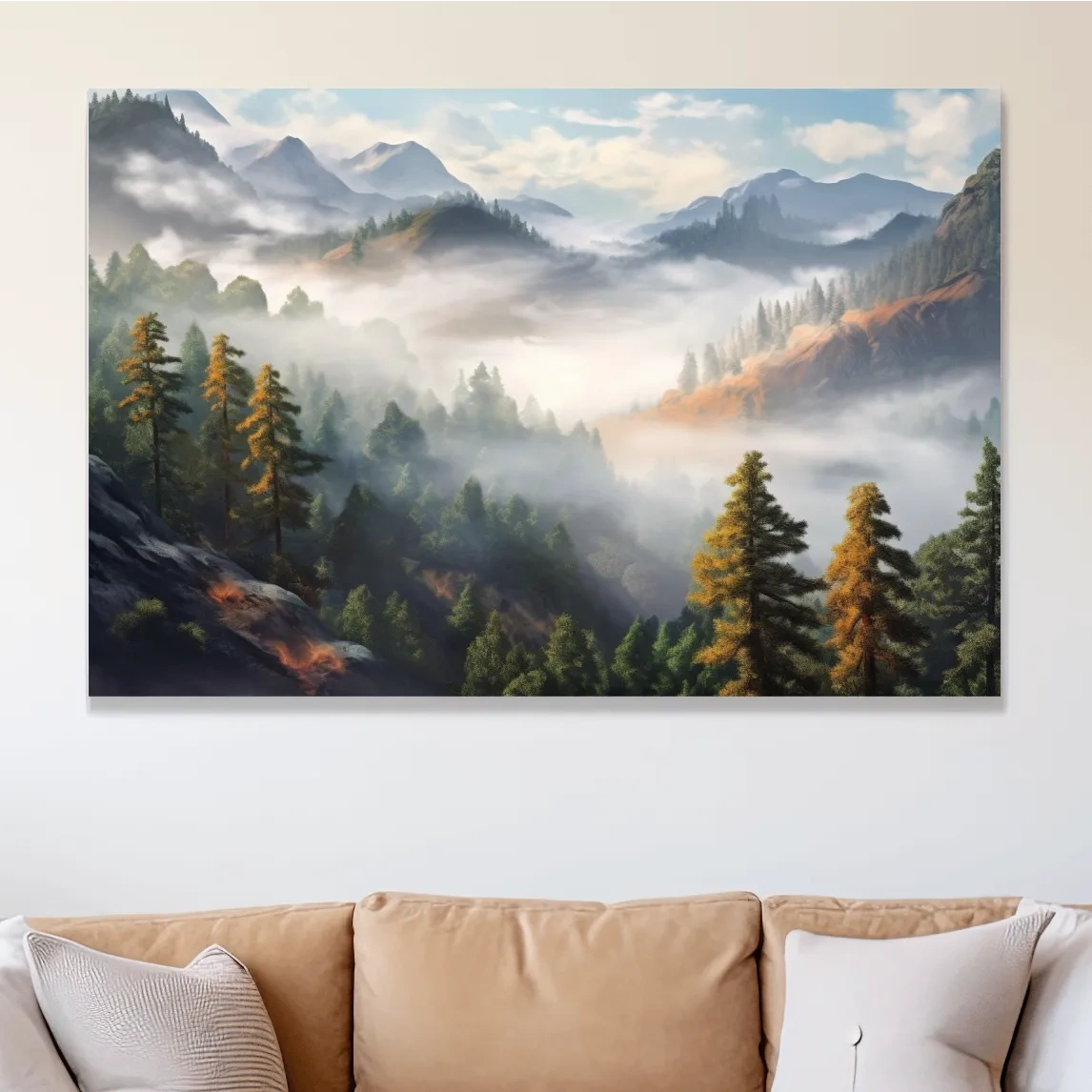 Misty Mountain Valley Forest Landscape - Serene Foggy Nature Painting Wall Art