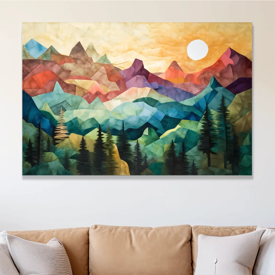 Abstract canvas print of mountains at sunset, patchwork effect