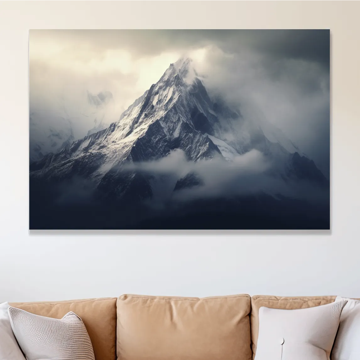Cloudy Snowcapped Peak Landscape - Dramatic Mountain Photography Wall Art