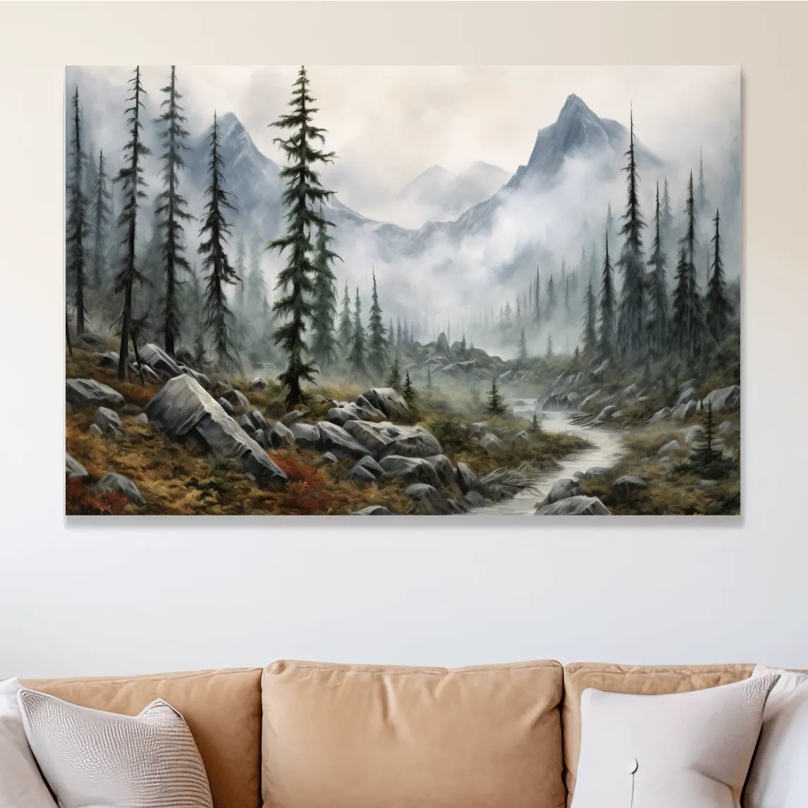 Painting of fog rolling through mountain scenery
