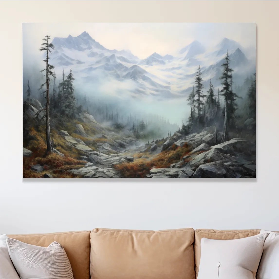 Painting of fog rolling through an alpine scene