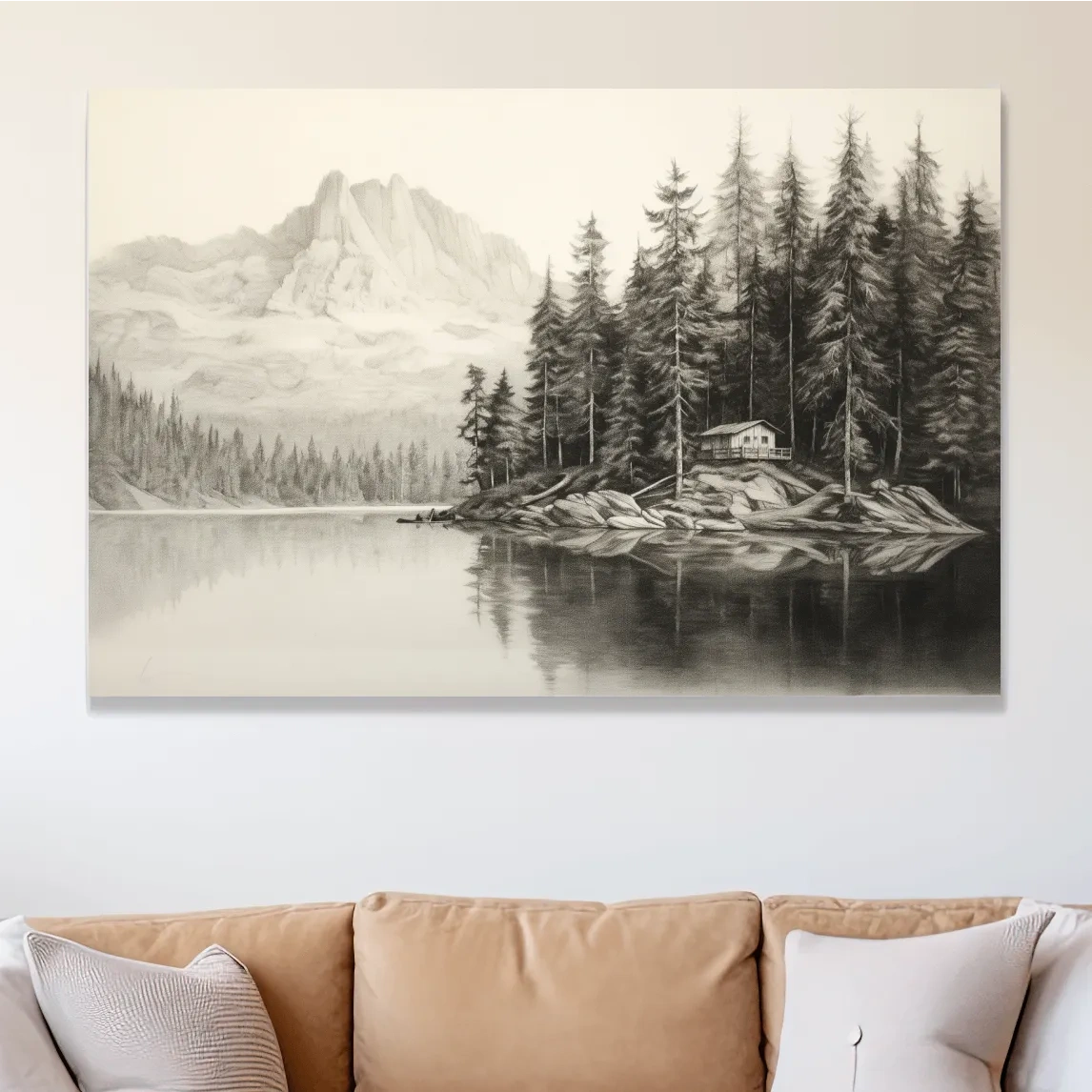 Lead pencil drawing of a cabin by the lake