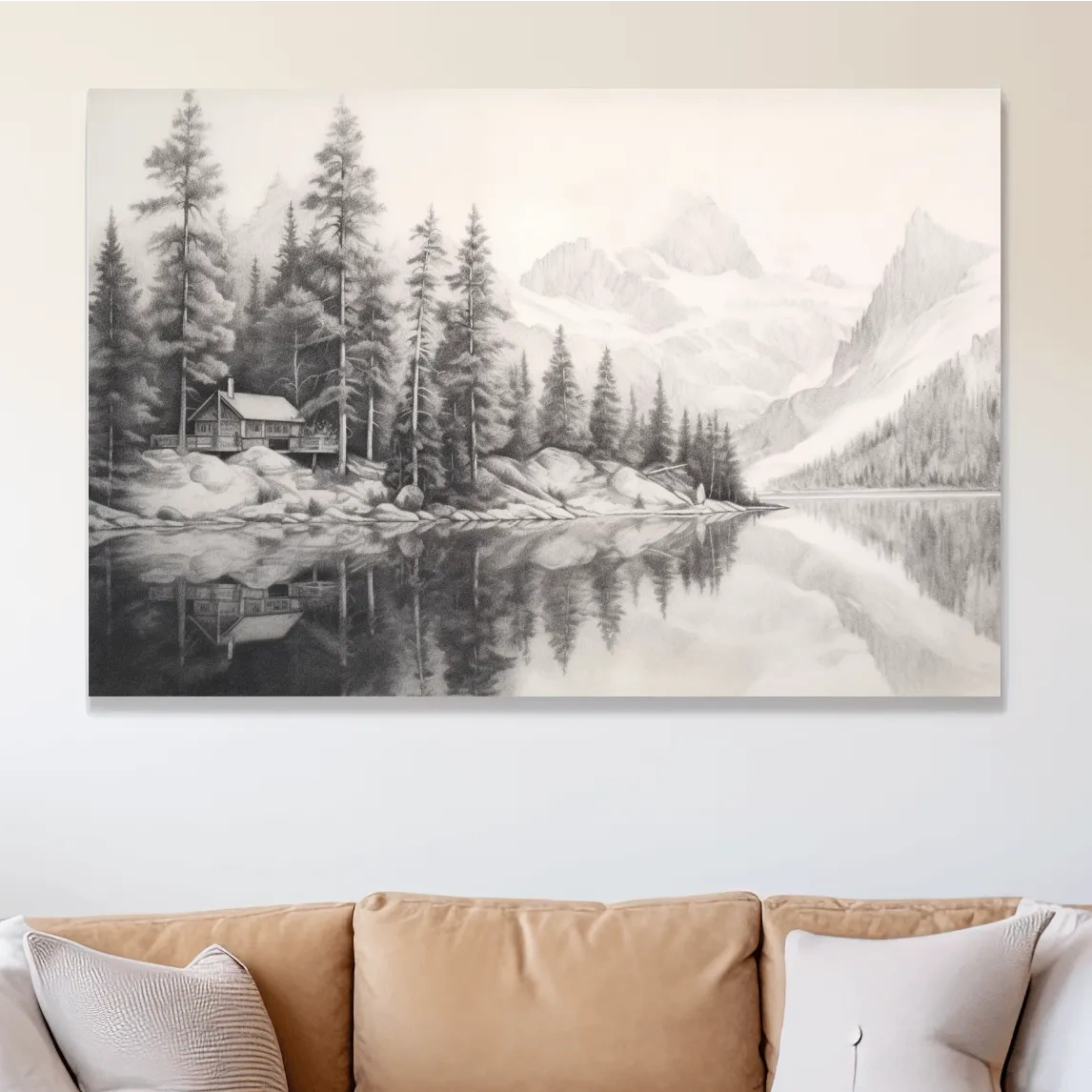 Lead pencil drawing of a cabin by a glacial lake