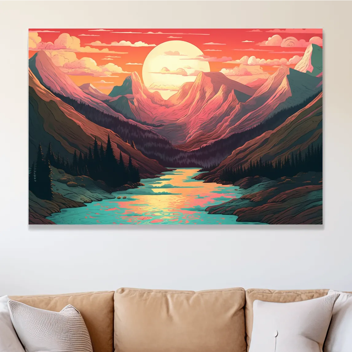 Illustration of a mountain landscape at sunset