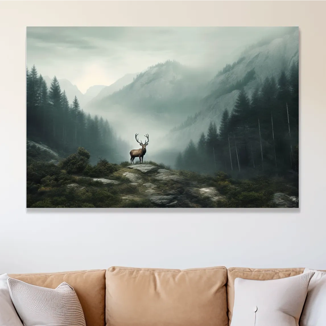 Painting style artwork of a majestic deer standing in the fog