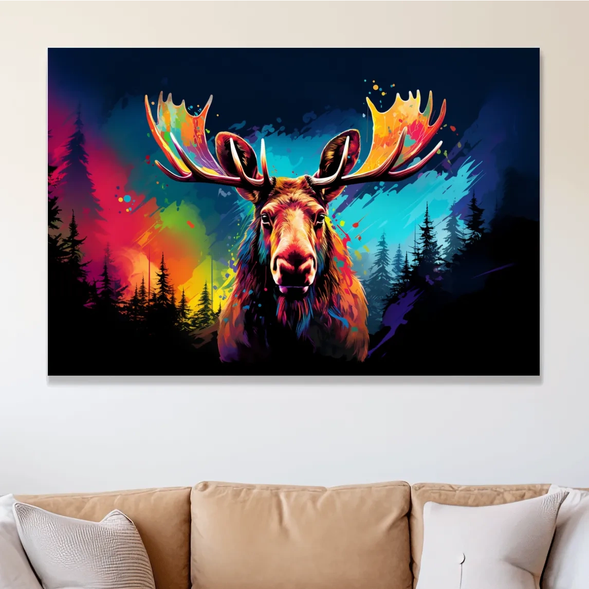 Vibrant Abstract Retro Moose Portrait - Colorful Splash Paint Wildlife Wall Art