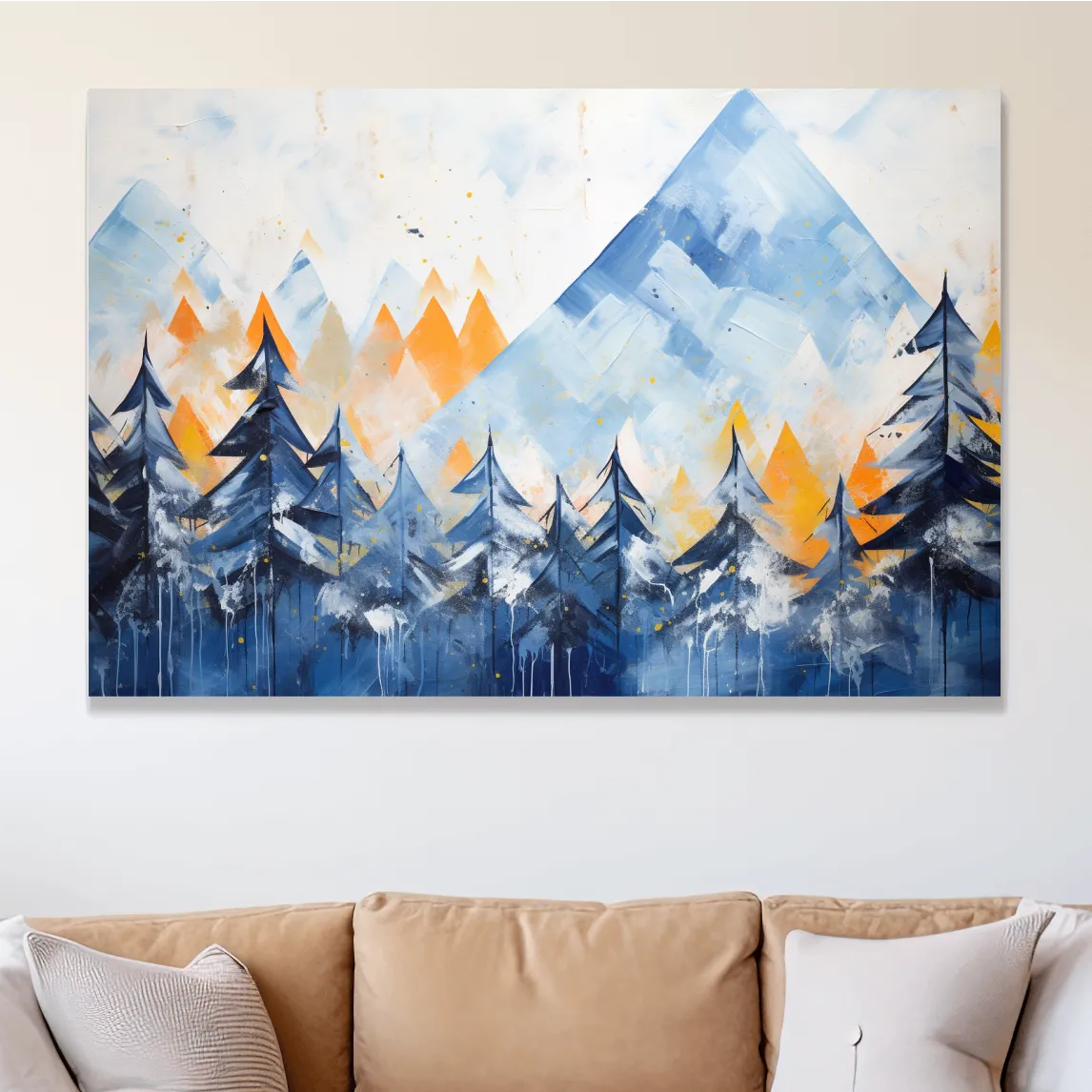 Simple blue and orange abstract mountain painting