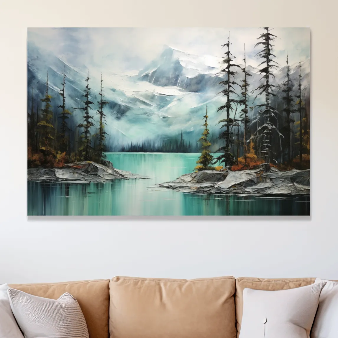Misty Turquoise Mountain Lake Painting - Serene Alpine Forest Landscape Wall Art