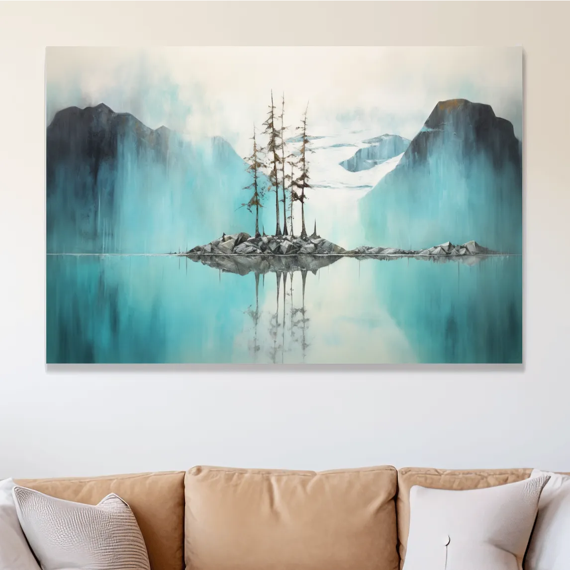 Trees on a turquoise lake, mountain painting
