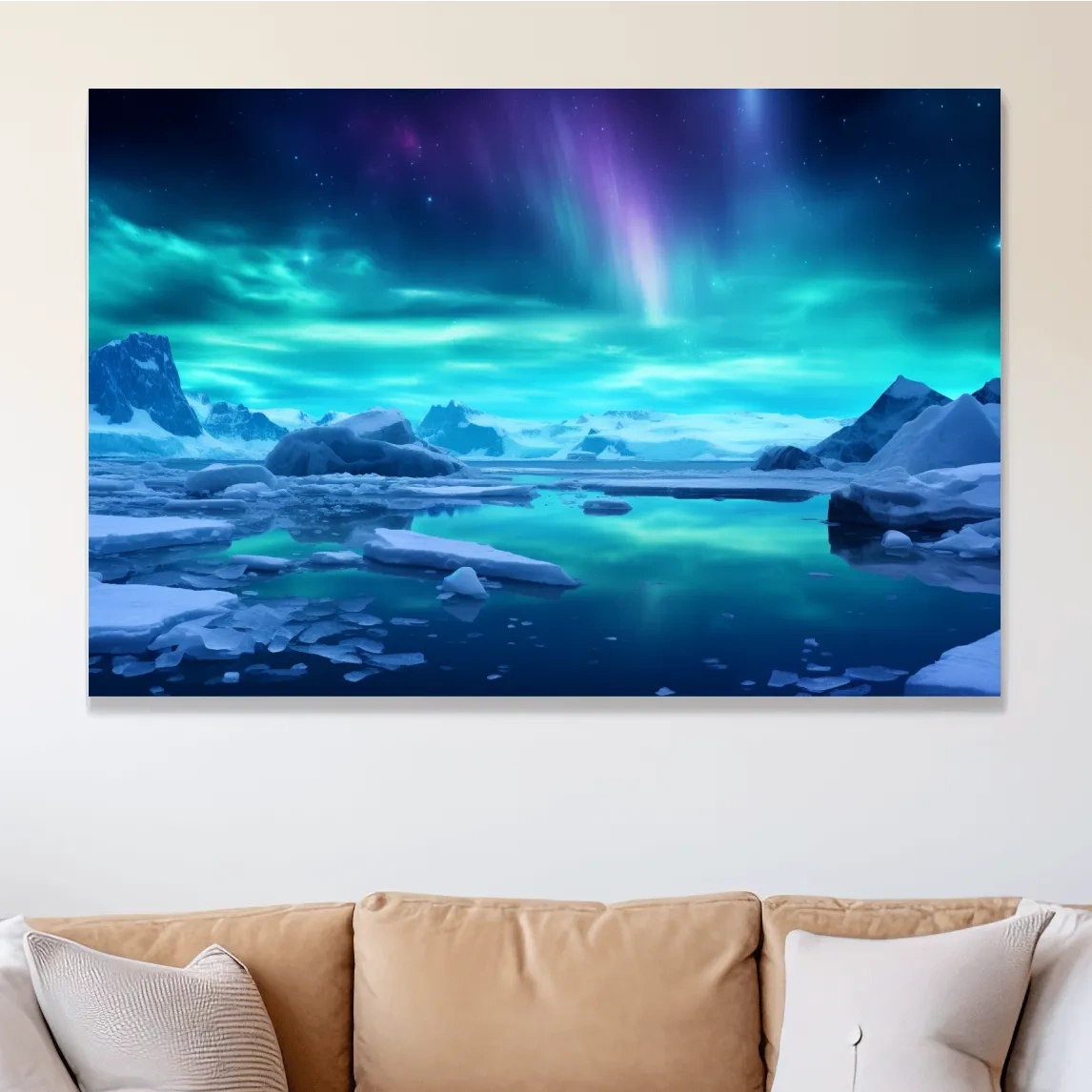 Vibrant Arctic Aurora Over Icebergs - Polar Night Photographic Wall Art