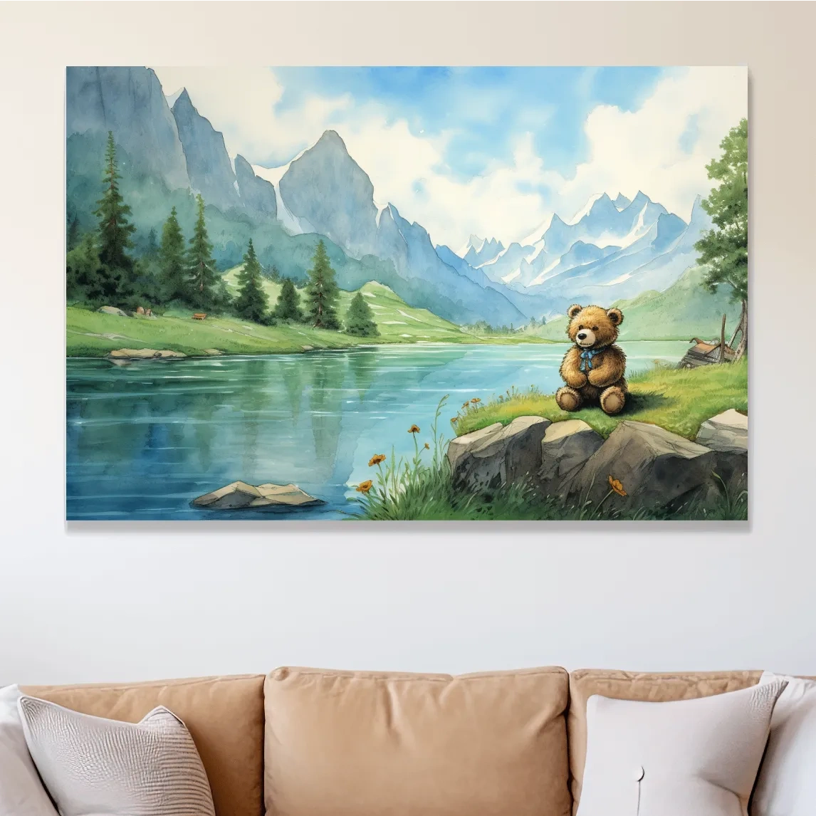 Whimsical Teddy Bear By Mountain Lake - Cute Watercolor Nursery Wall Art