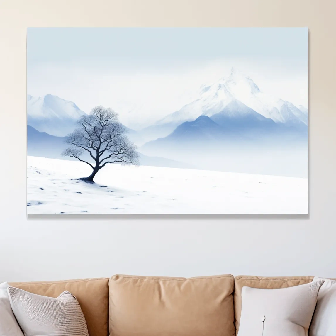 Minimalist Snowy Mountain Landscape With Lone Tree - Serene Winter Painting Wall Art
