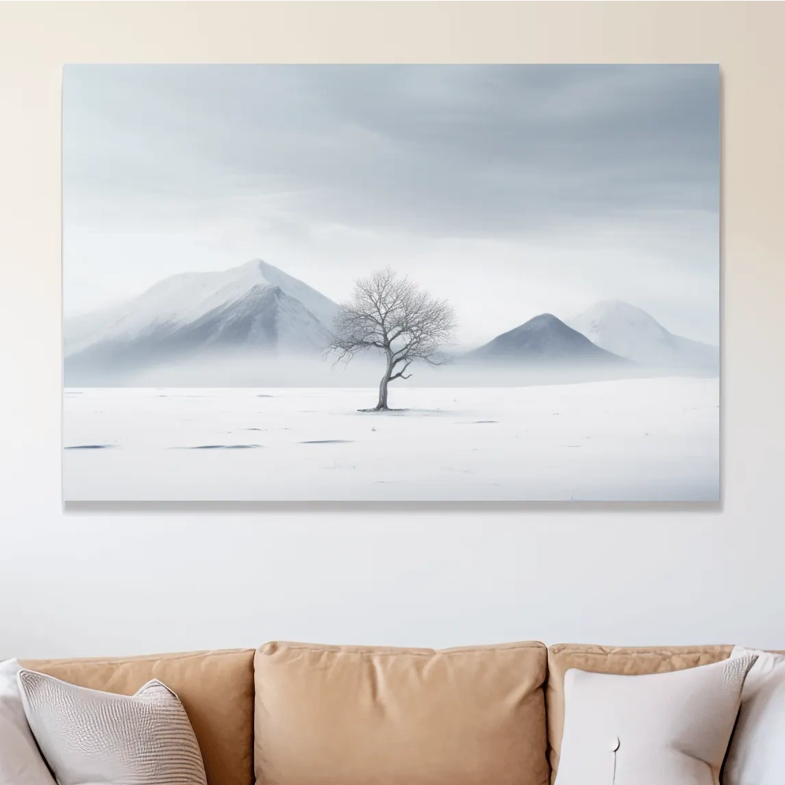 Minimal art, painting of a tree in the snow