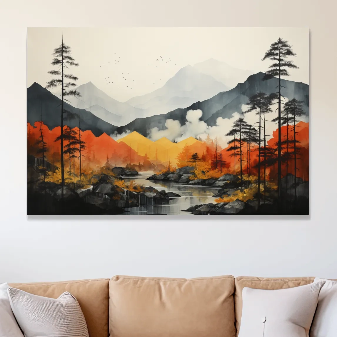Surreal watercolour painting, colorful mountain scenery