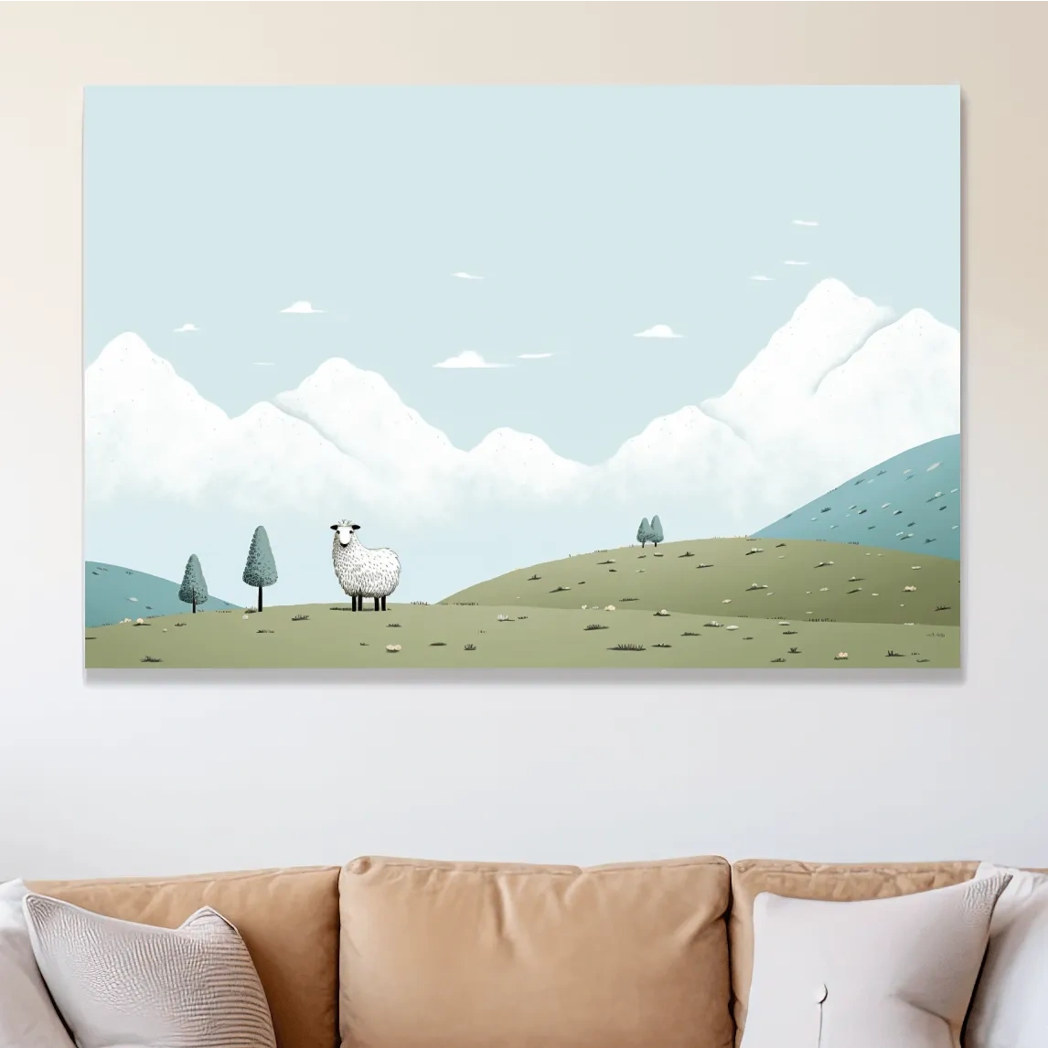 Illustration of a sheep in an alpine landscape