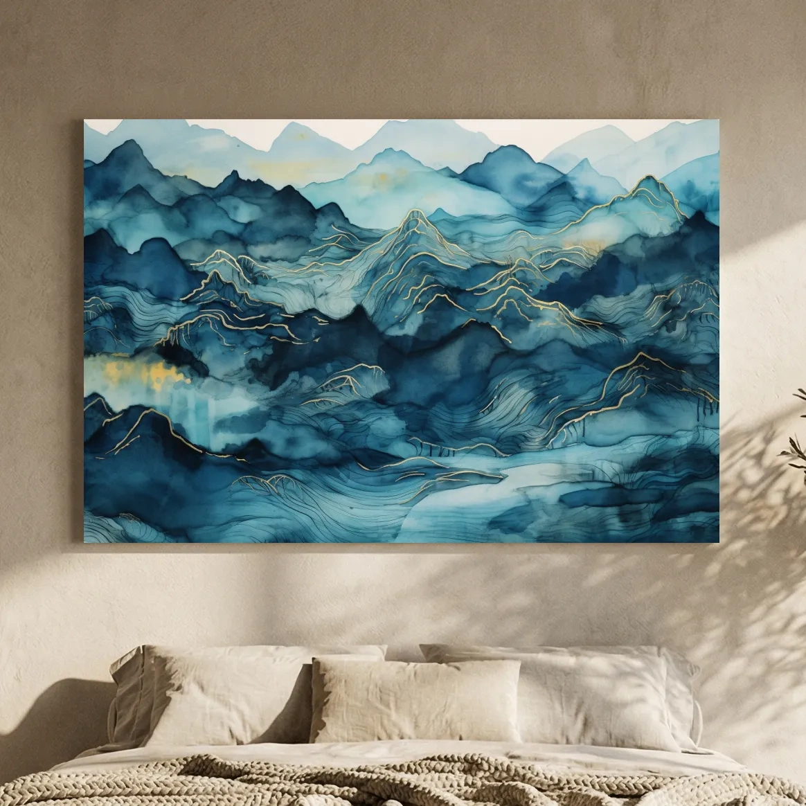 Watercolor Mountain Range With Gold Linework - Abstract Landscape Wall Art