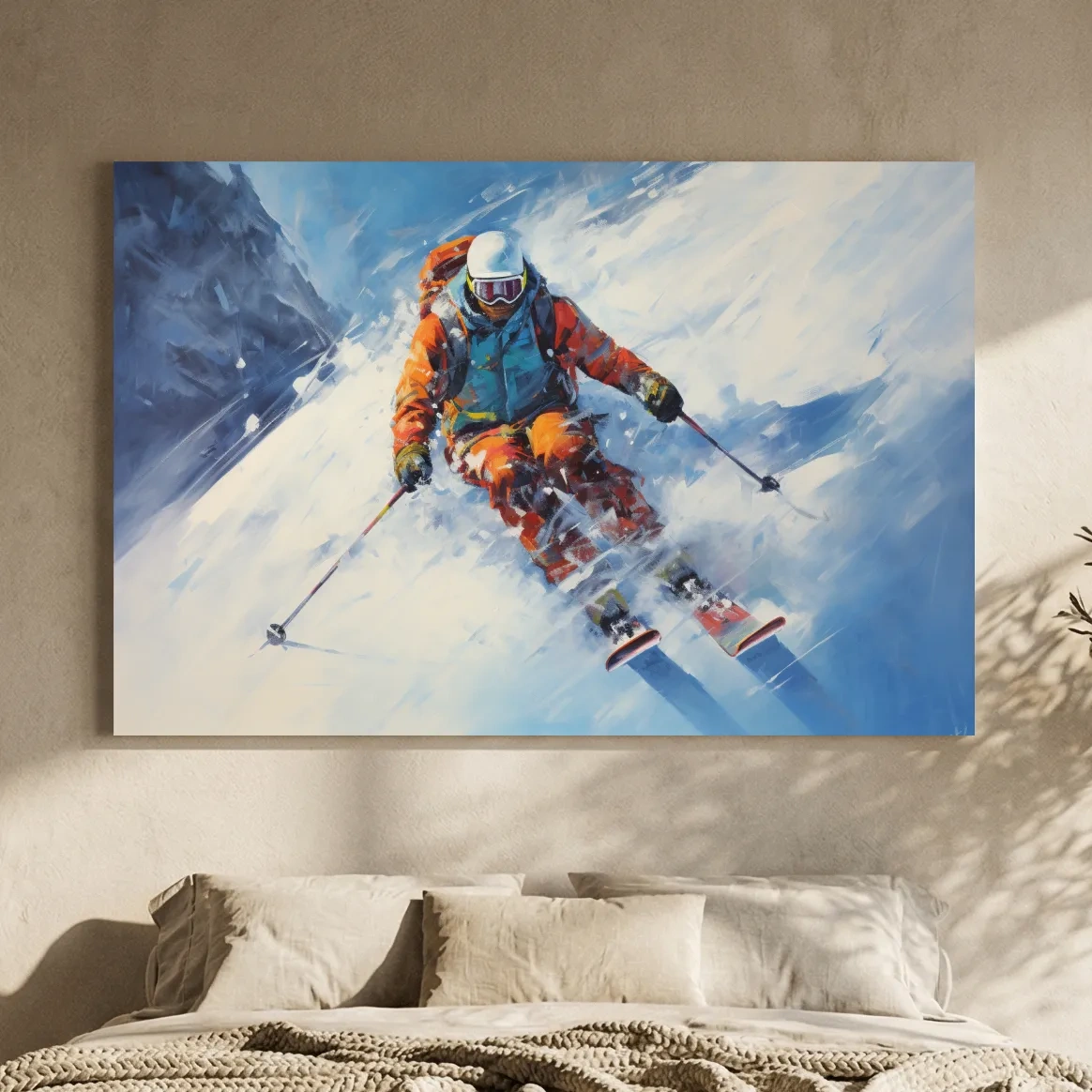 Dynamic Downhill Skier Painting - Snowy Alpine Adventure Wall Art