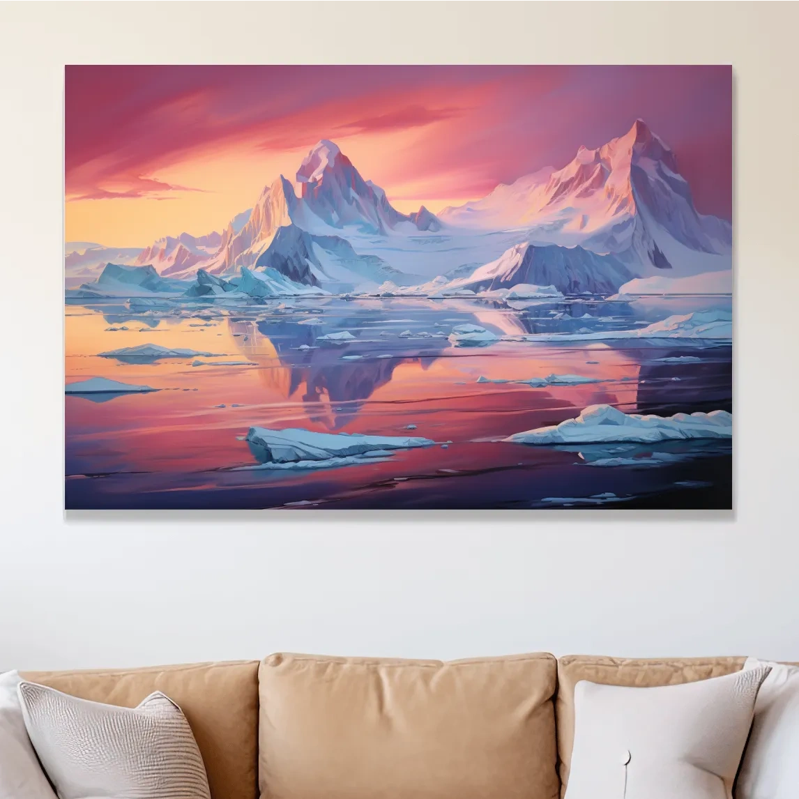 Painting of a sunset over the antarctic glacier