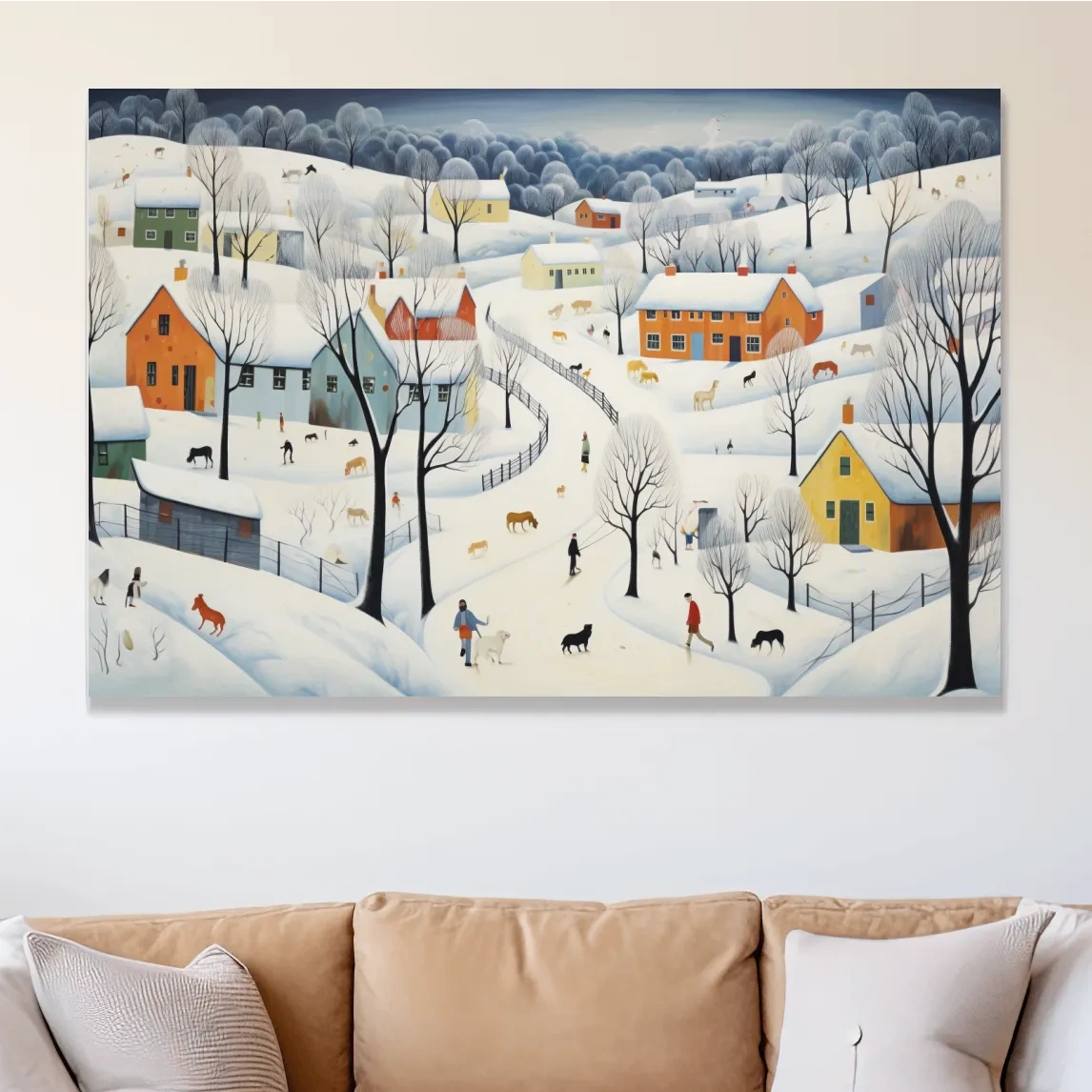 Quirky painting of a mountain village in the snow