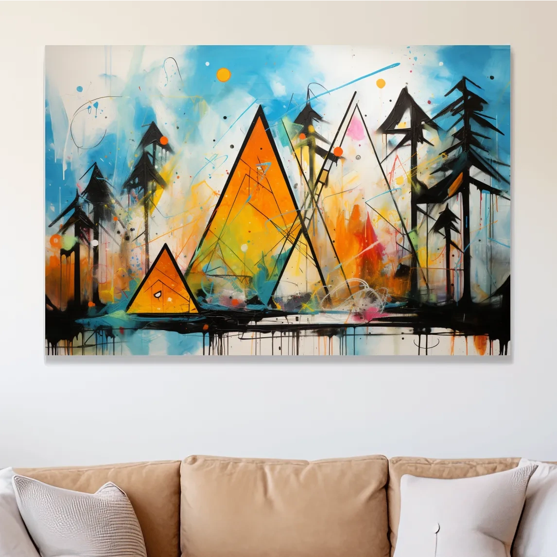 Abstract colourful mountain shapes, triangles forming mountains painting
