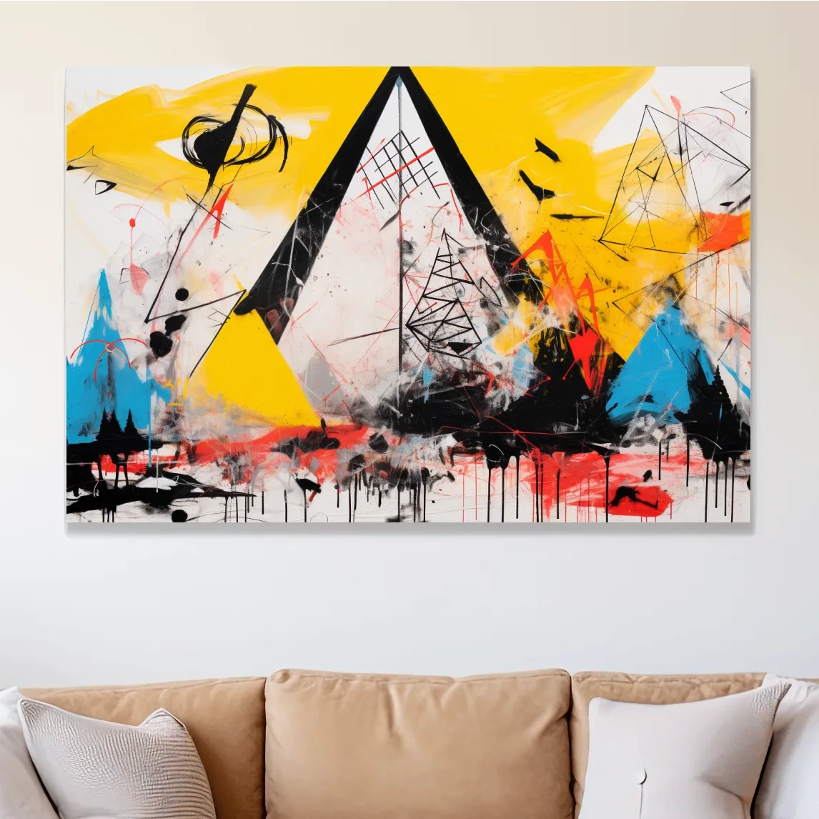 Abstract energetic graffiti style geometric mountain painting