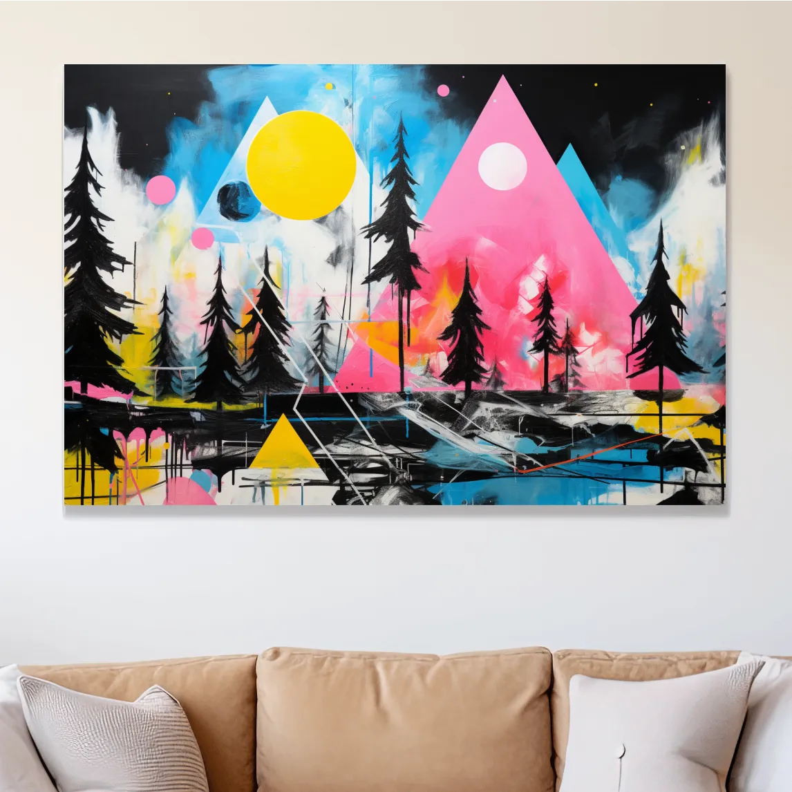 Abstract acrylic painting, mountain shapes and trees