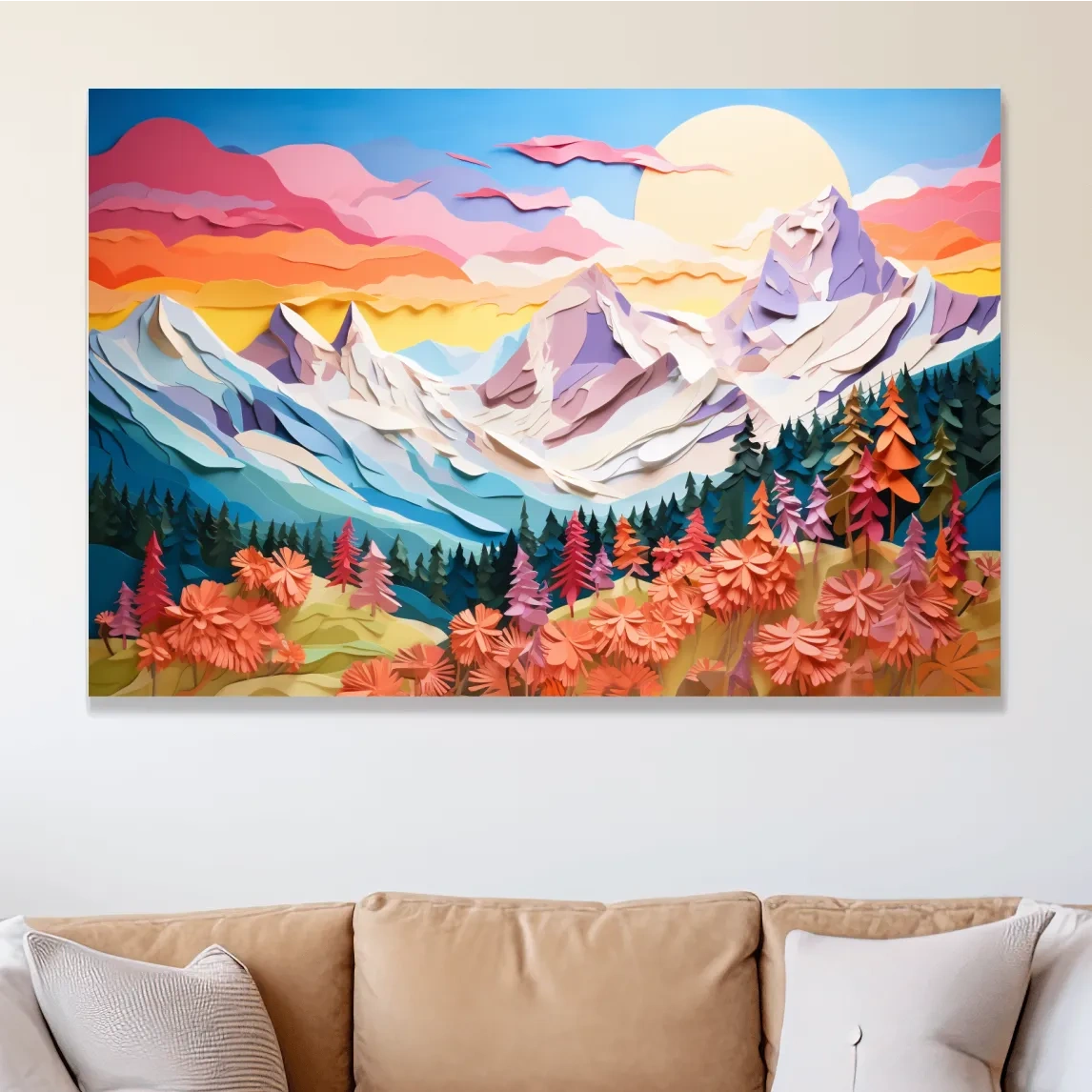 Paper cutout style art of alpine flowers at sunset