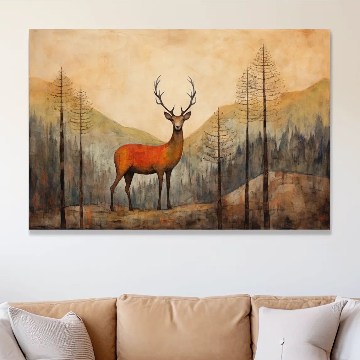 Textured watercolour painting of a deer in the forest