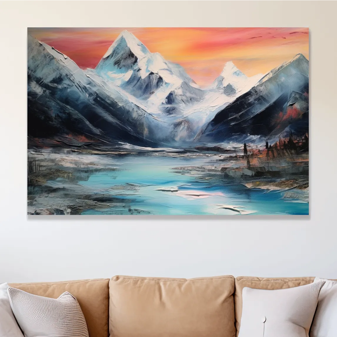 Bold oil painting of a glacier at sunset