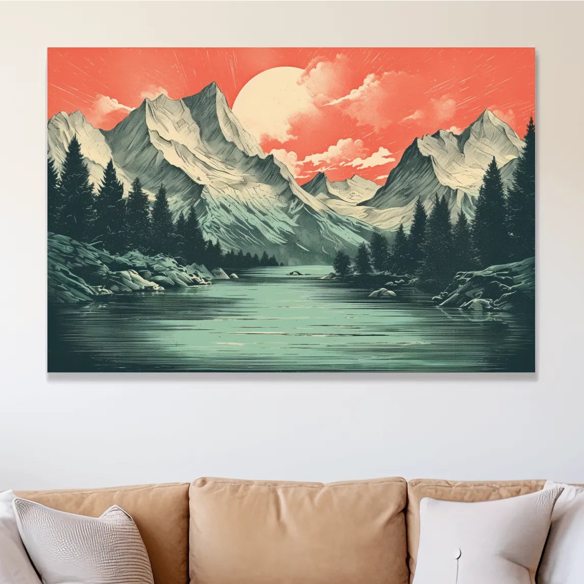 Risograph style illustration of an alpine lake at sunset