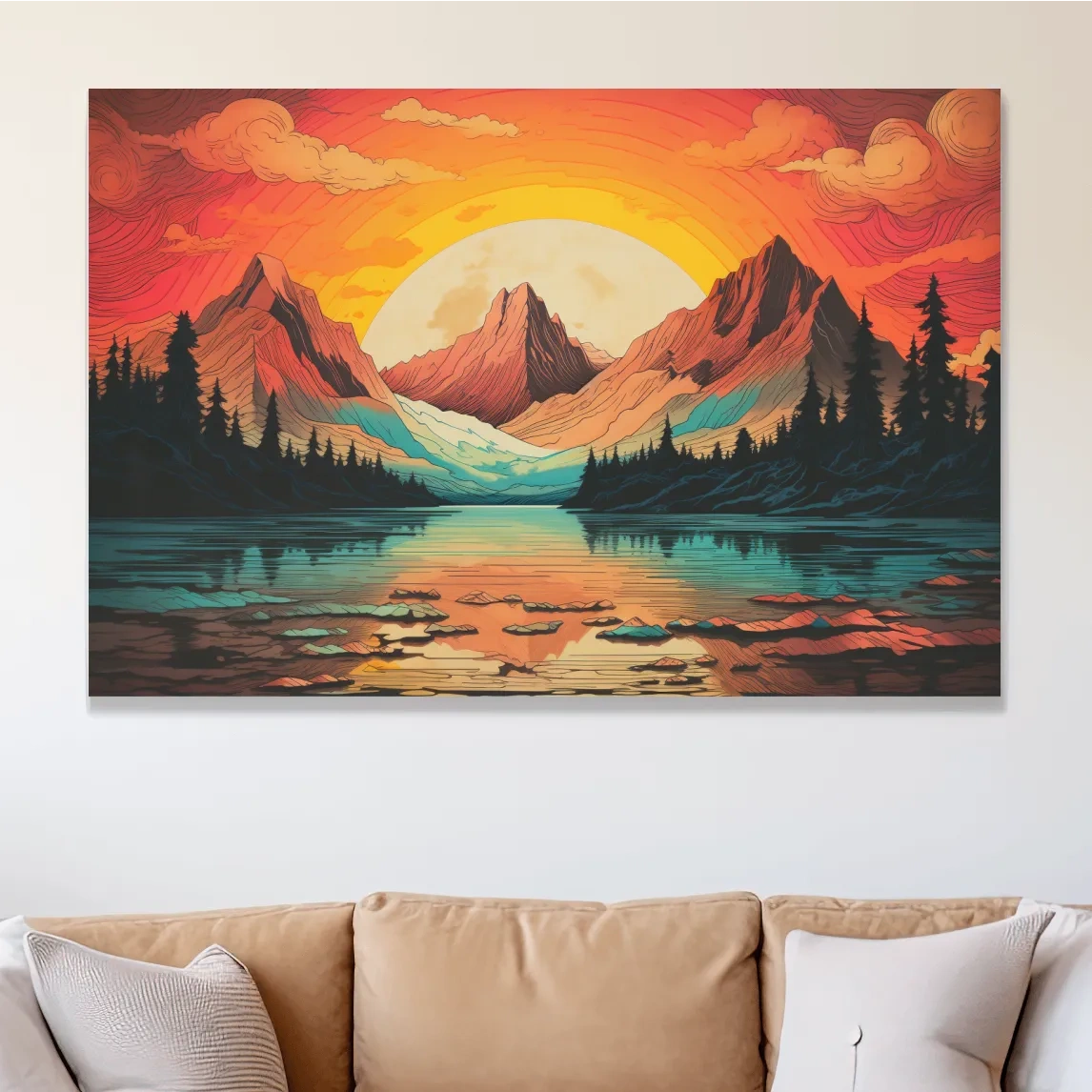 Vibrant illustration of sunset over an alpine lake