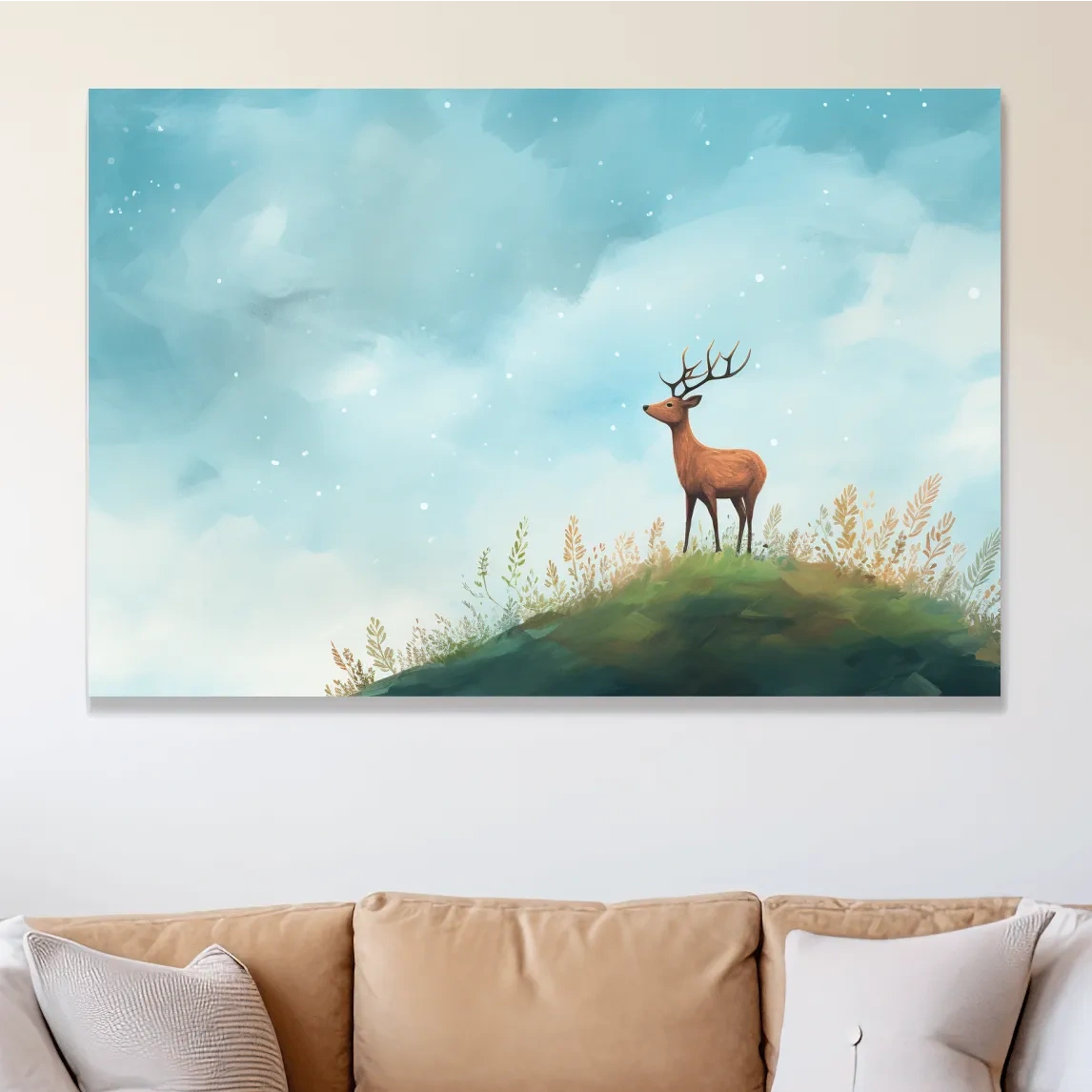 Whimsical Watercolor Stag On Meadow Hill - Nursery Woodland Wildlife Wall Art