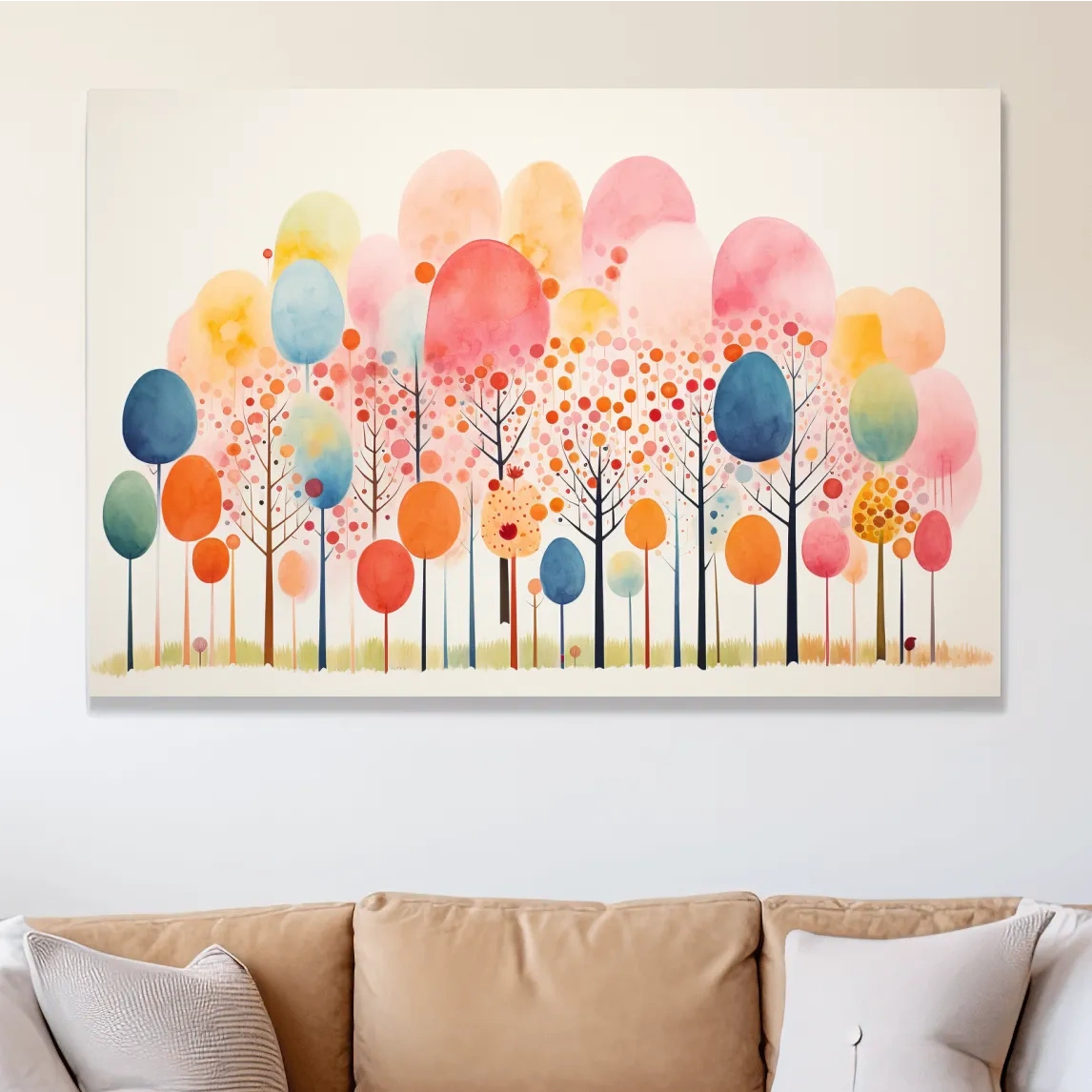 Colorful surreal and whimsical forest painting, pastel colors