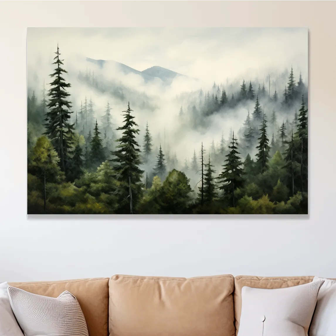 Painting of morning fog rolling through the forest