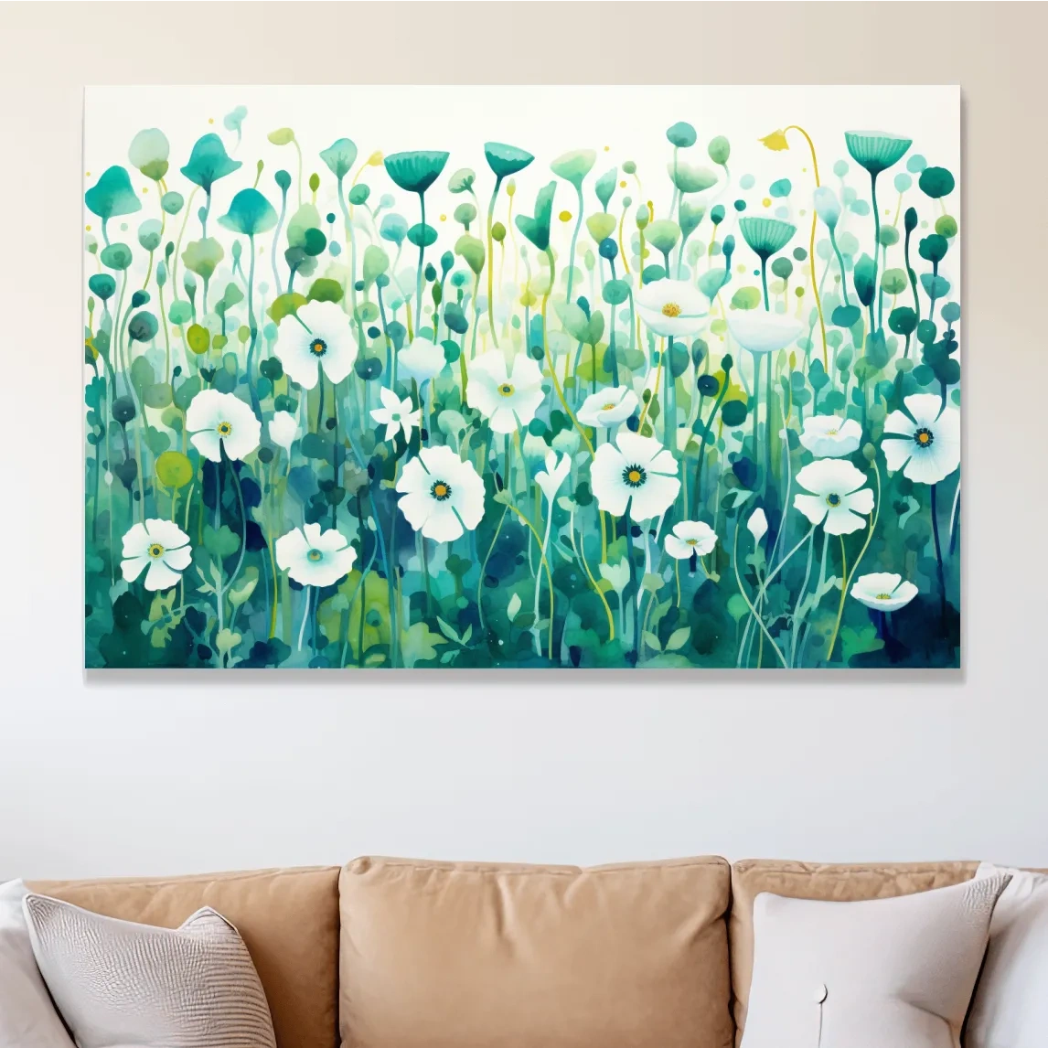 Painting of green flower patterns, colorful floral wall art