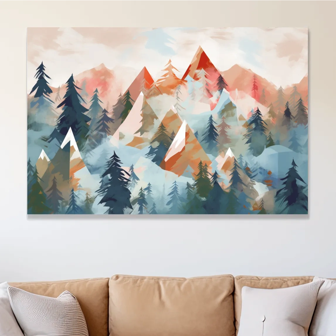 Pastel geometic alpine forest mountain painting