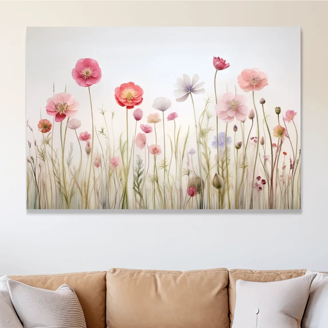 Soft Pastel Wildflower Meadow Watercolor - Minimalist Floral Botanical Wall Art