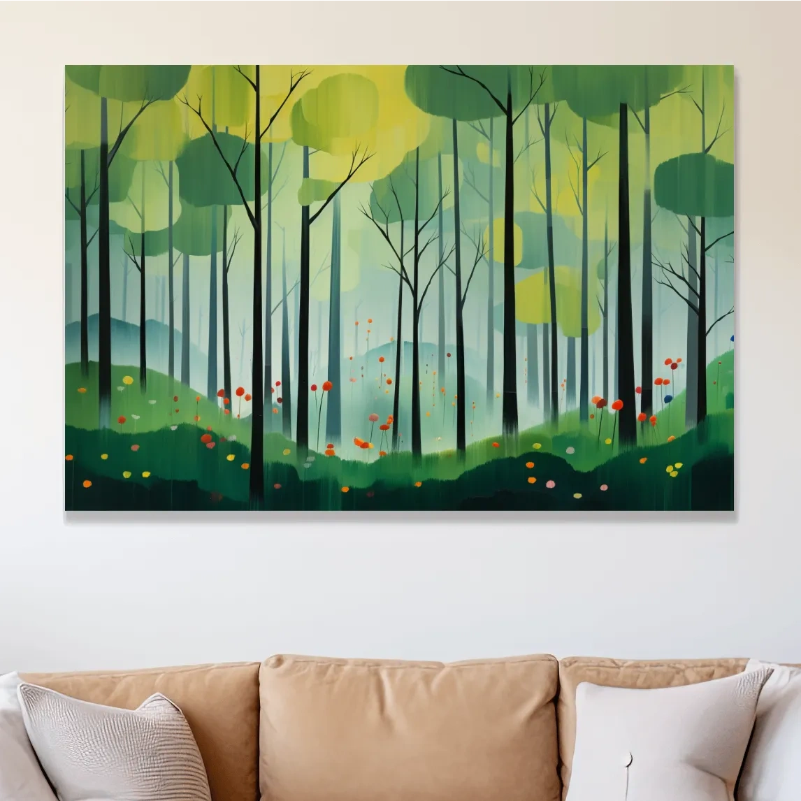 Painting of a bright green forest