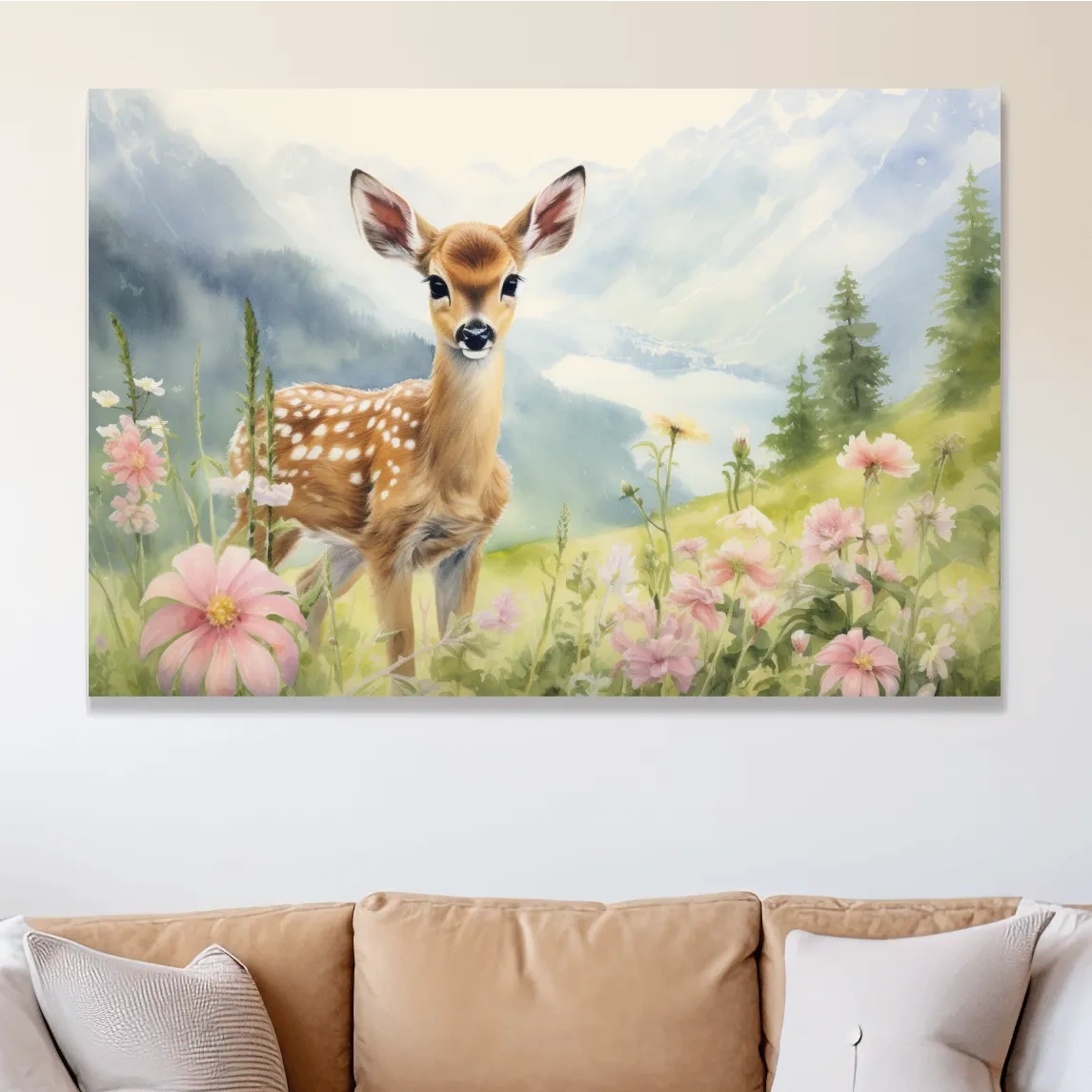 Painting of a deer fawn in the alpine meadows