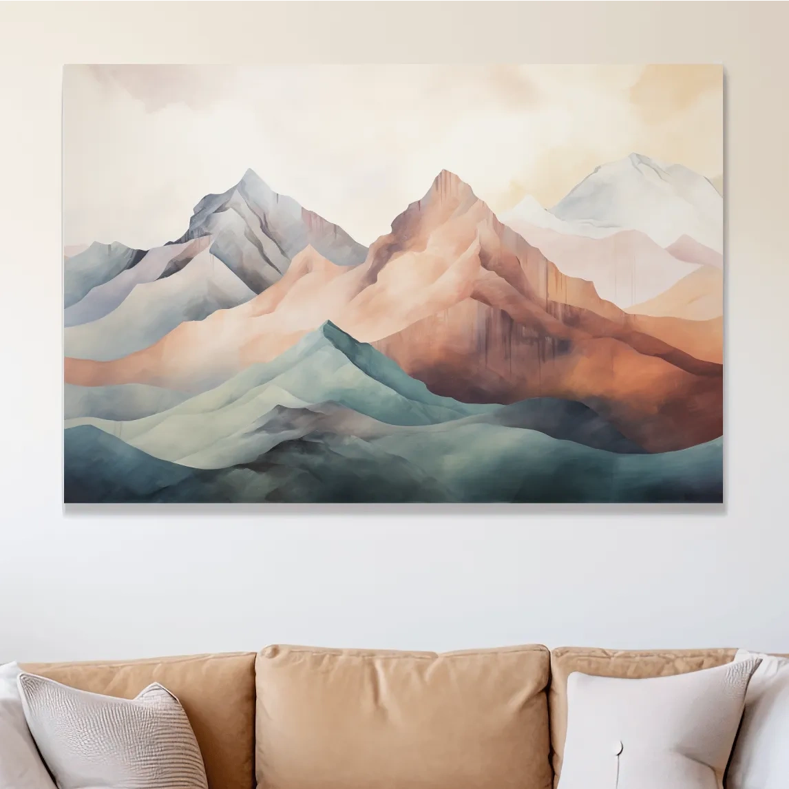 Subtle pastel mountain painting artwork on canvas
