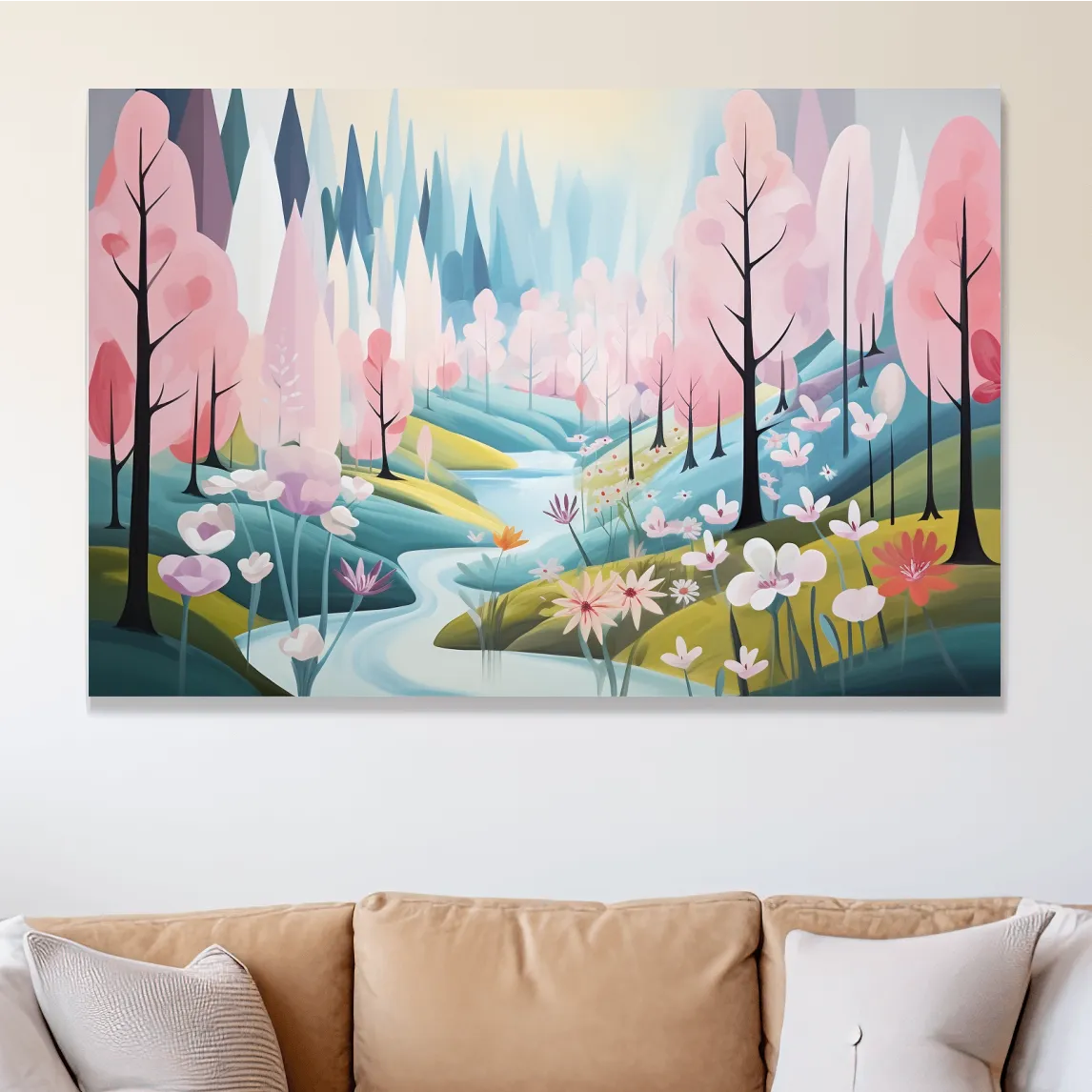 Dreamy painting of a pink blossom forest