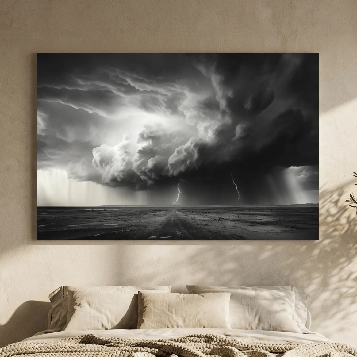 Moody Monochrome Thunderstorm Lightning Landscape - Dramatic Storm Cloud Wall Art