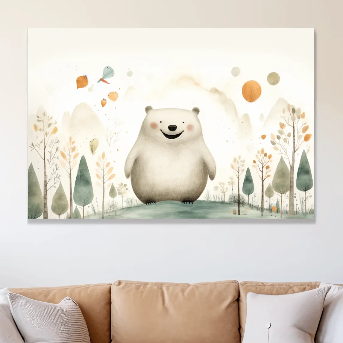 Storybook nursery art, happy bear in the forest