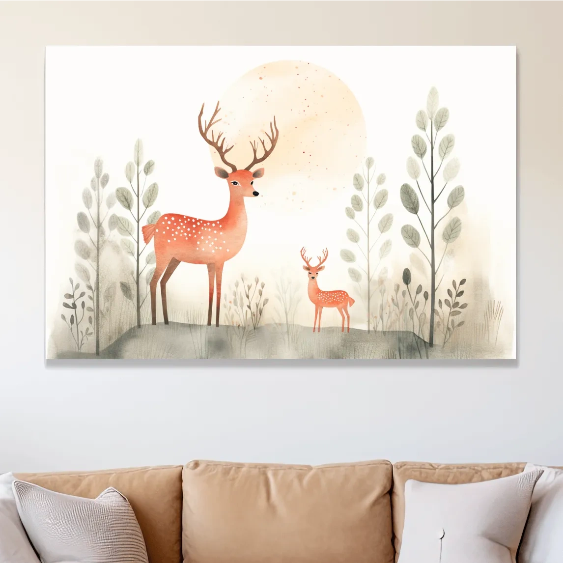 Storybook childrens illustration art, cute deer family in the forest, nursery wall art