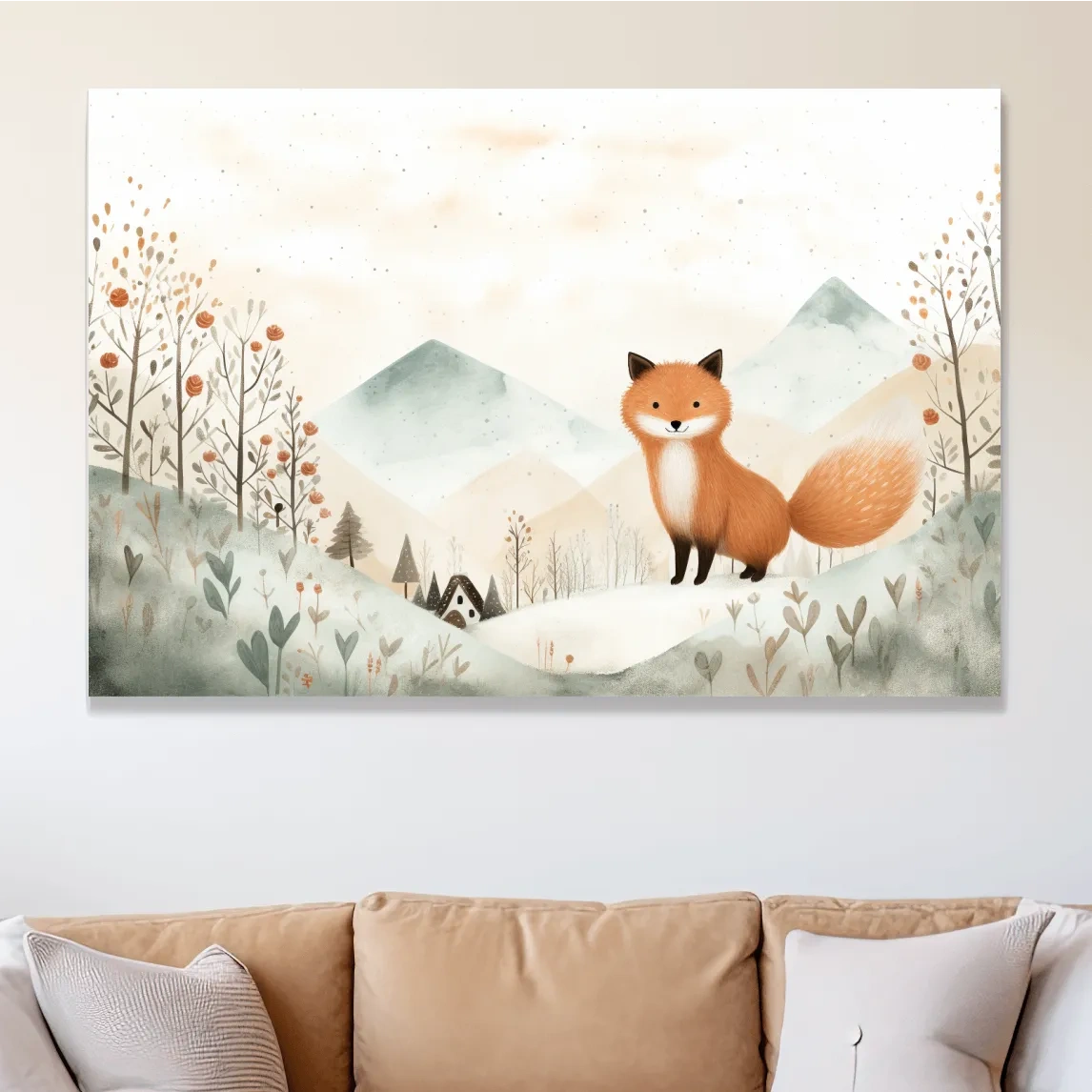 Cute happy fox in the mountains, childrens storybook illustration artwork
