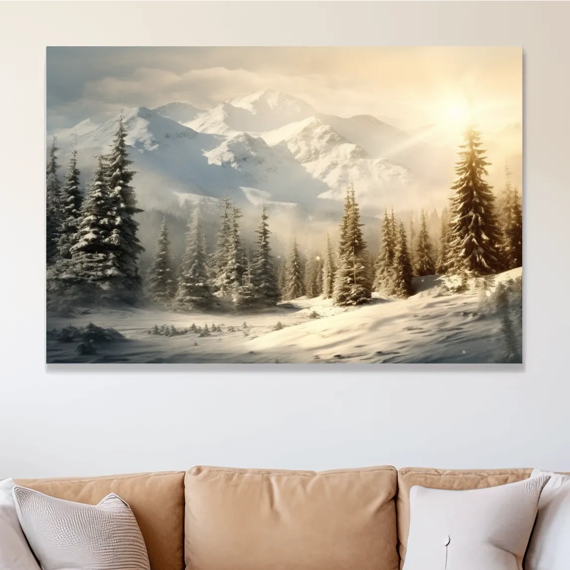 Snow covered mountains at sunrise, realistic painting